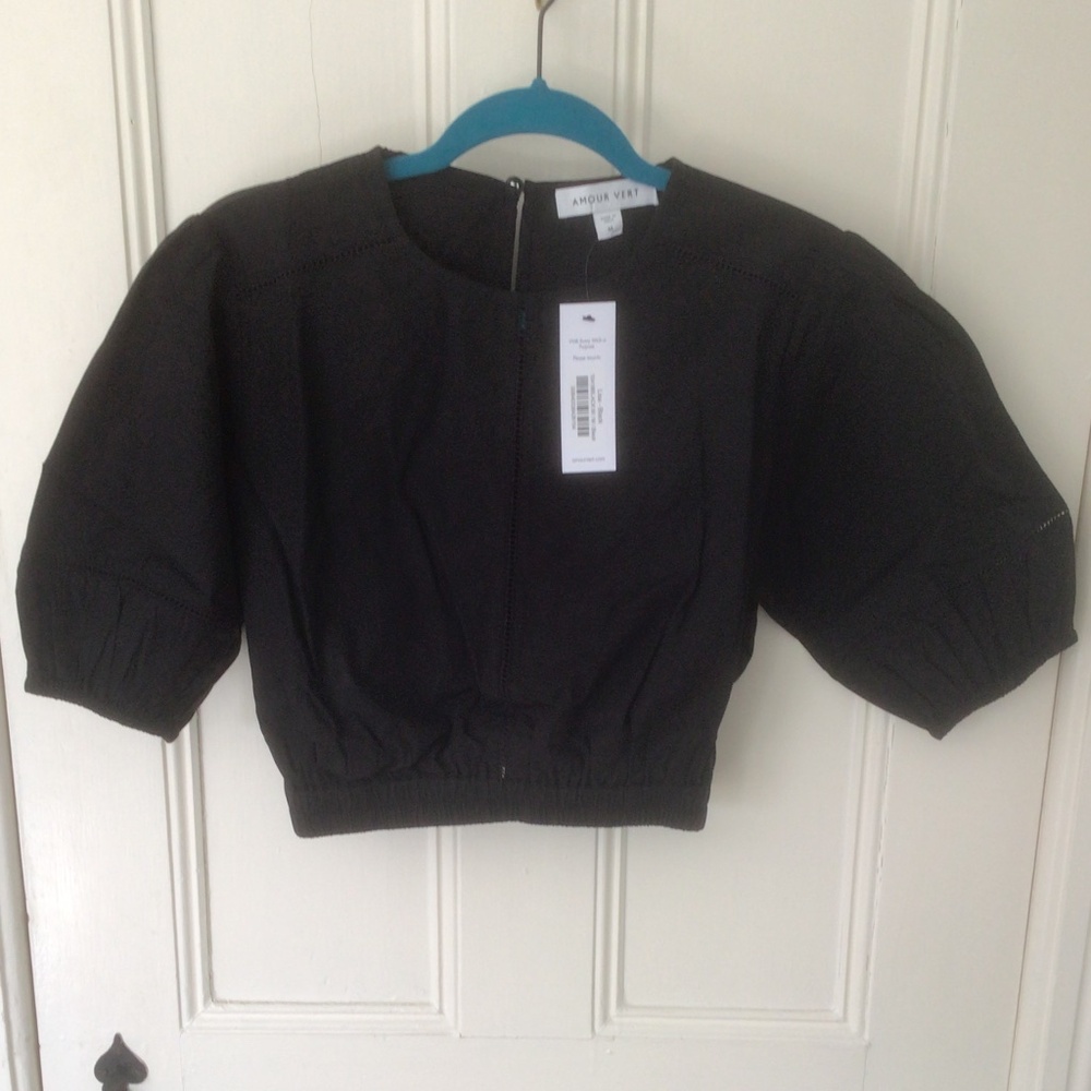 Amour Vert Lisa Organic Cotton Poplin Top Black Eyelet Crop in Large, New - Picture 3 of 9